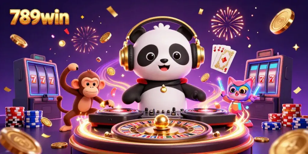 Engage with 789win's vibrant casino scene featuring a DJ panda, breakdancing monkey, and rave kitten.