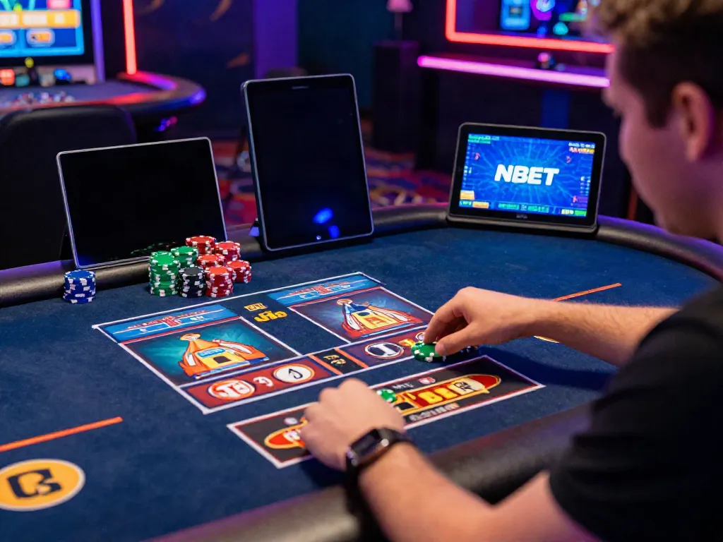 Engaging scene of a player at NBET nhà cái online casino table, showcasing vibrant atmosphere and digital gameplay.