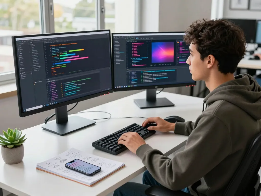 Developer coding on multiple screens at Techsslaash workspace with modern office setup.