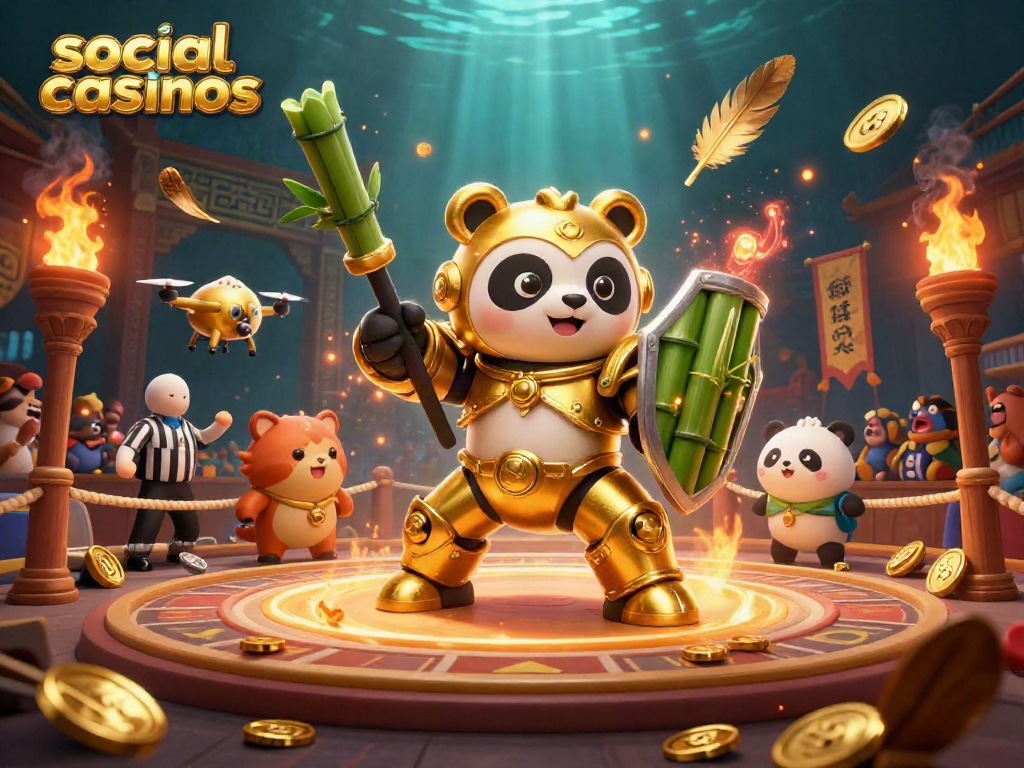 Experience social casinos with a 3D mech-suit panda battling in a vibrant arena filled with dynamic gaming elements.