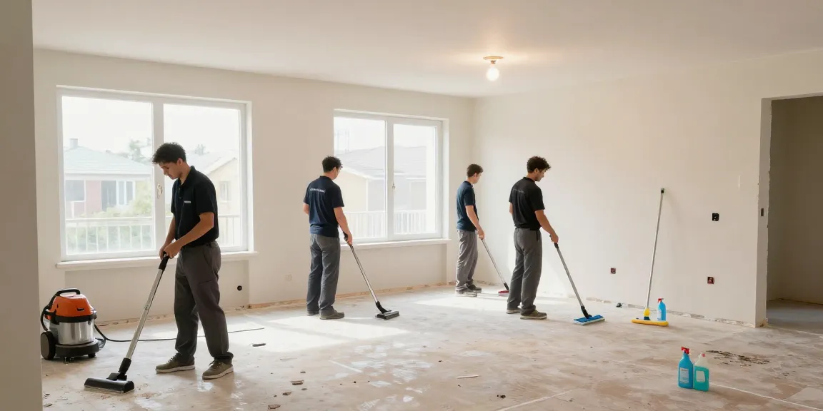 Professional cleaning team conducting a bauendreinigung preis in a newly built apartment with polished surfaces and natural light.
