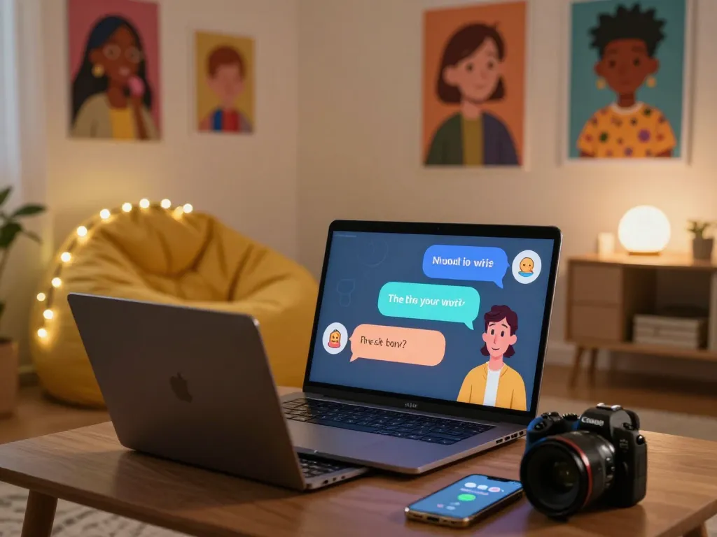 Interactive ai nsfw chat scene with a user and playful AI character on a laptop.