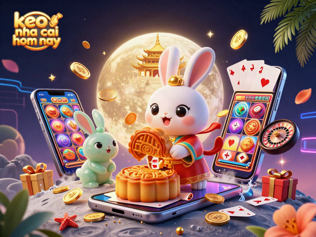 Experience keo nha cai hom nay with the moon rabbit, poker chips, and vibrant casino elements.