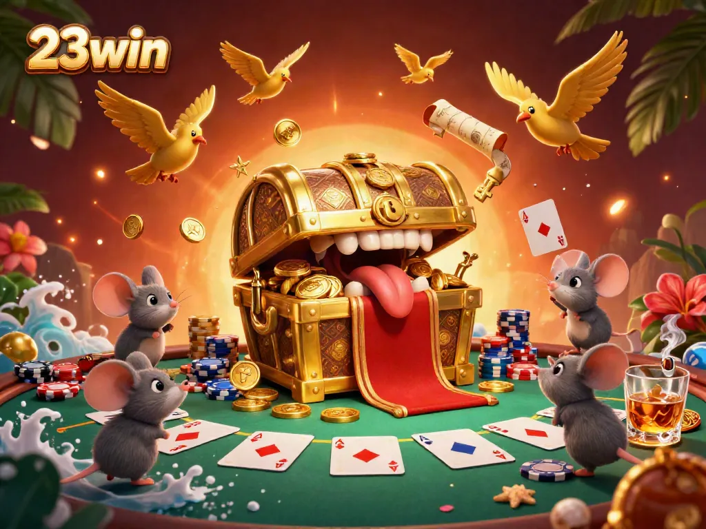 Experience thrilling games at 23win, featuring a treasure chest and poker excitement.