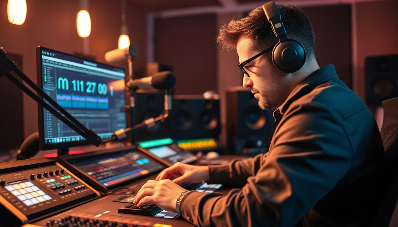 Engineer mastering tracks online in a modern studio setup with vibrant lighting.