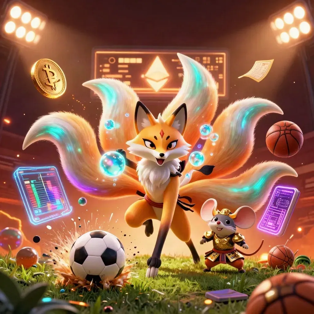 Neon fox spirit and samurai mouse amid soccer ball, crypto coins, embers, and casino glow.
