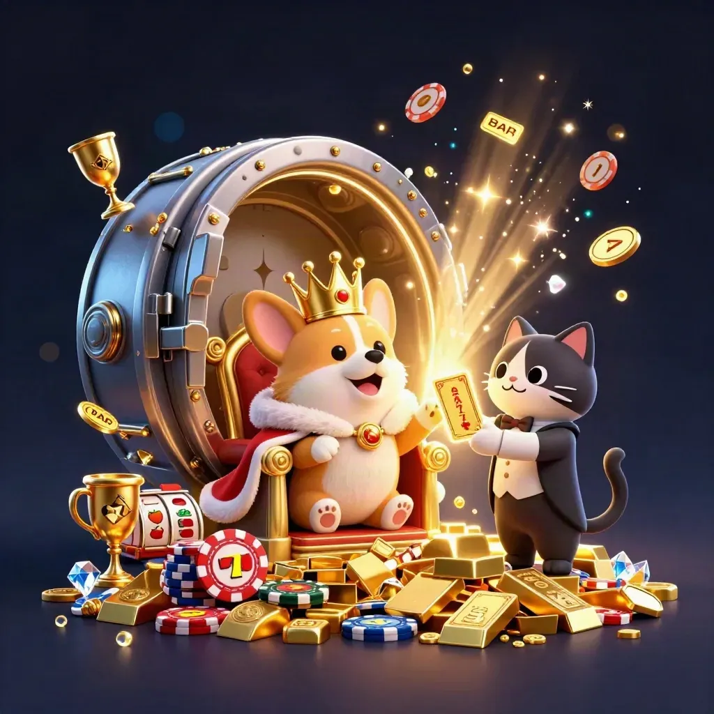 Crowned corgi and cat butler on chip throne before a glowing vault, gold and neon casino chaos.
