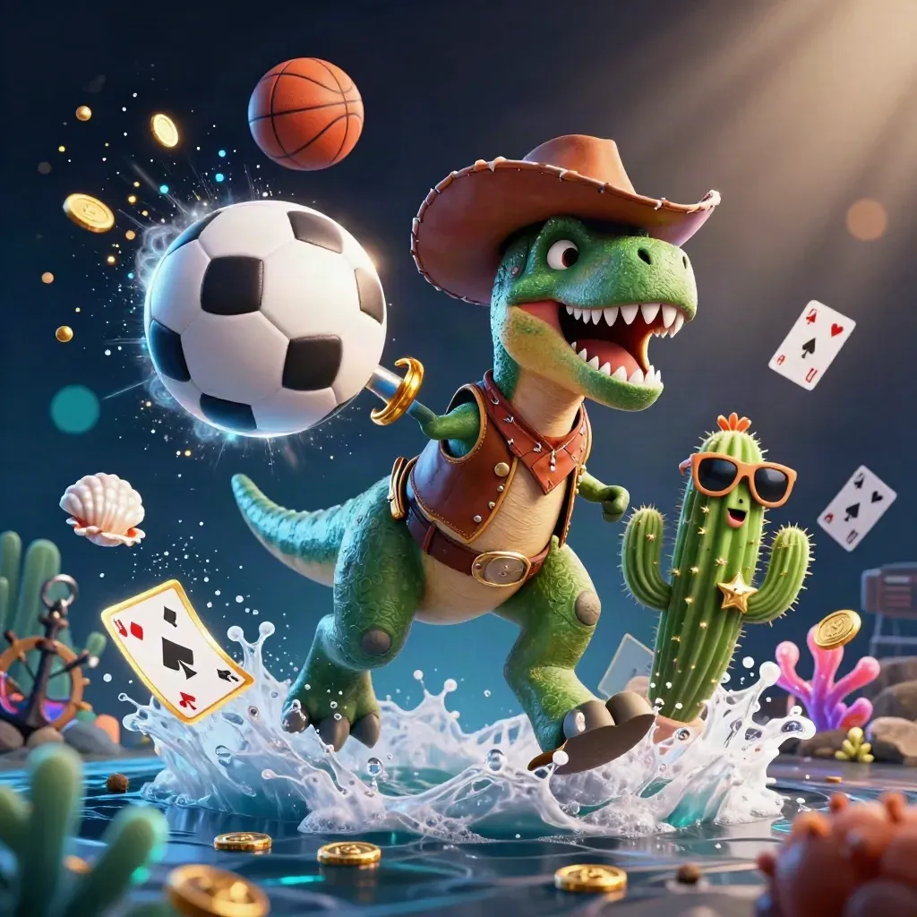 Cowboy T-Rex, cactus sidekick, and roadrunner amid coins, coral, and glowing sports props.