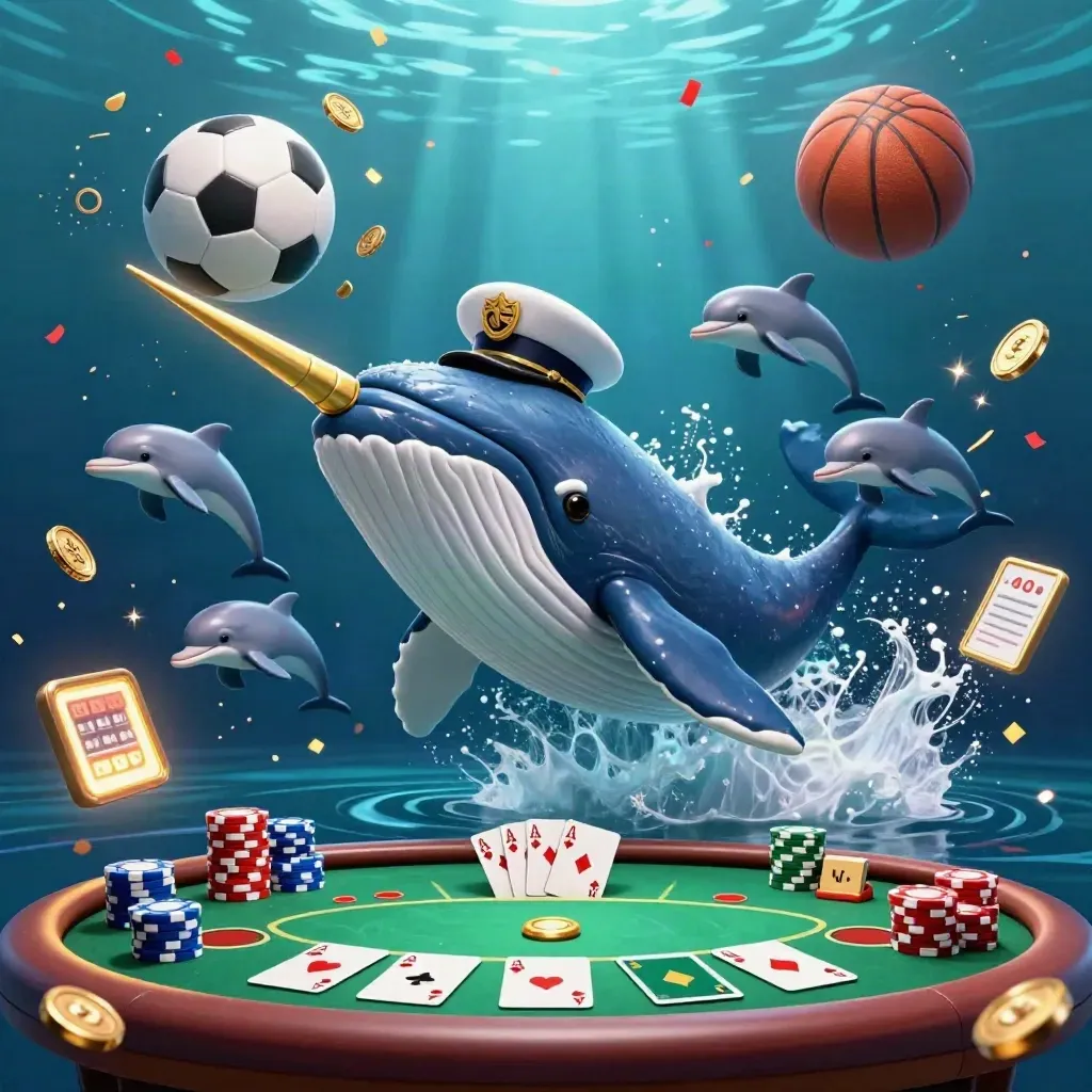 Captain whale, narwhal and dolphins amid coins, poker chips and glowing underwater casino lights.