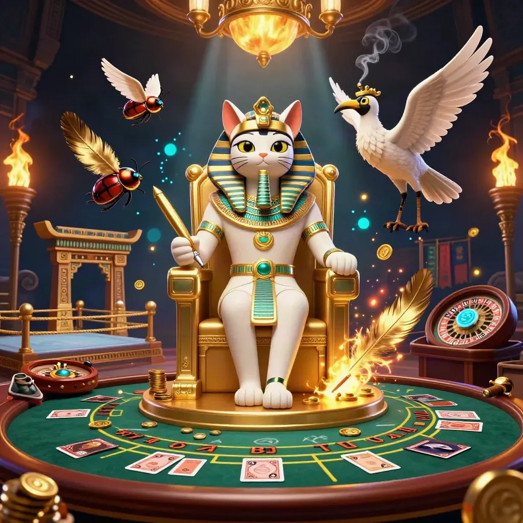 Pharaoh cat, ibis scribe, and gem-winged scarabs in a luxe casino room
