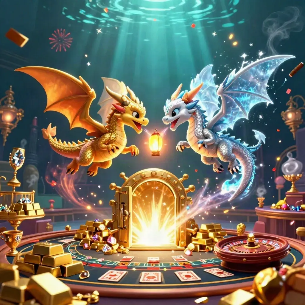 Gold and silver dragons swirl around a glowing vault in a luxe casino scene.