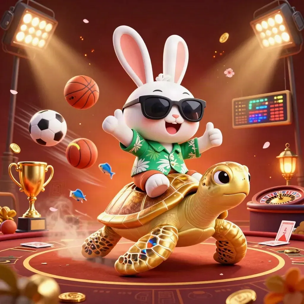 Lucky rabbit rides a gem turtle amid casino glamour, sports balls, coins, and neon lights