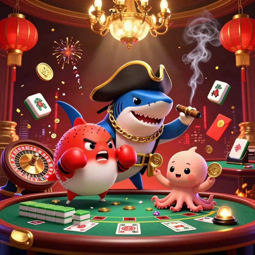 Cartoon shark captain, pufferfish and octopus amid casino glam, lanterns, coins and roulette glow.