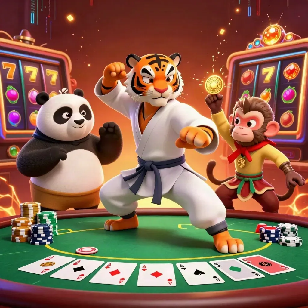 Kung-fu tiger, panda, and monkey amid poker chips, cards, neon energy, and glowing casino relics.