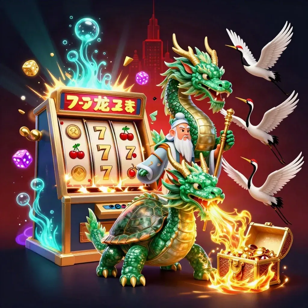 Emerald dragon, turtle sage, and cranes amid casino treasures and neon fire.