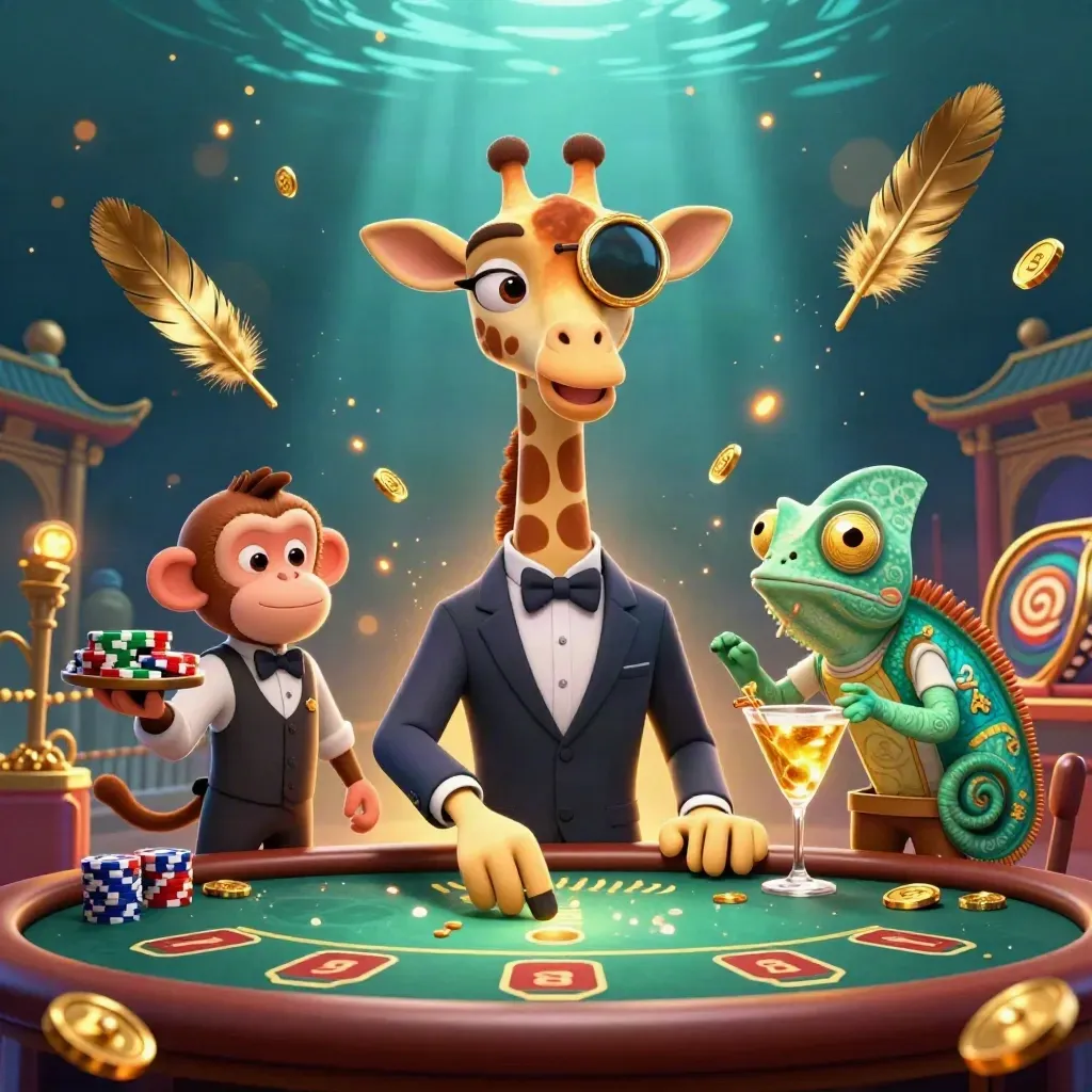 Giraffe high roller, monkey valet, and chameleon bartender in a glowing underwater casino scene.