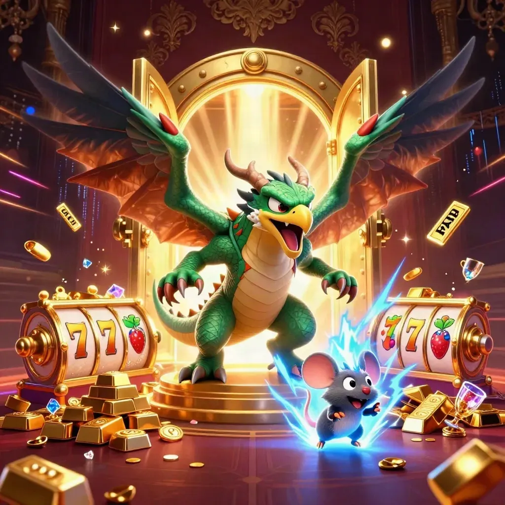 Thunder dragon, hawk, and mouse burst from a gold vault amid gems, lightning, and casino riches.