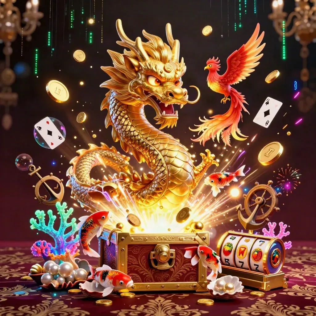 Golden dragon with phoenix and koi amid treasure, coins, neon casino effects, and dark luxury backdrop