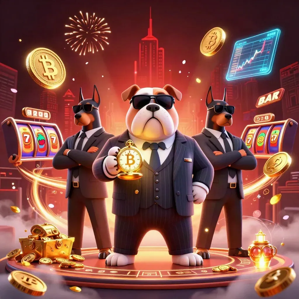 Cartoon bulldog boss and two Doberman guards amid casino loot, reels, coins, and fireworks.