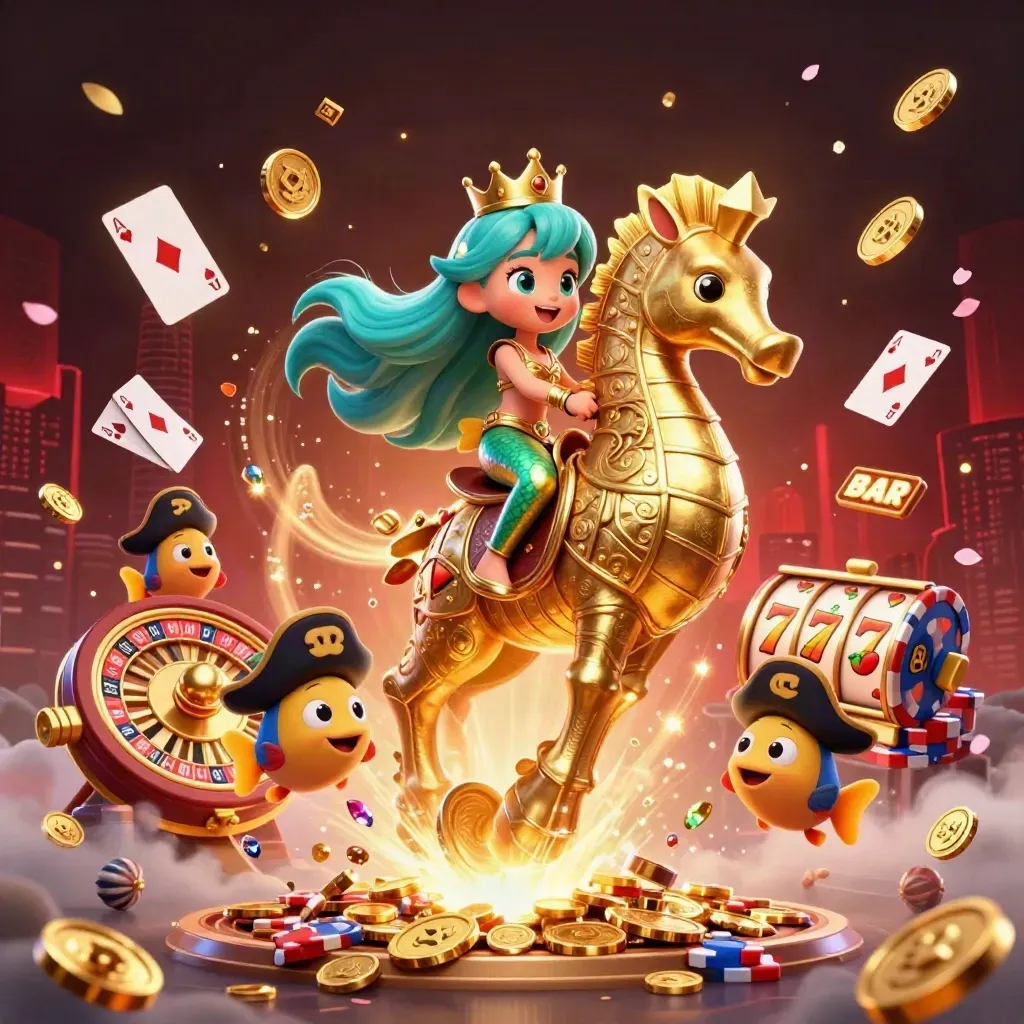 Mermaid princess on golden seahorse amid coins, chips, reels, cards, and pirate fish