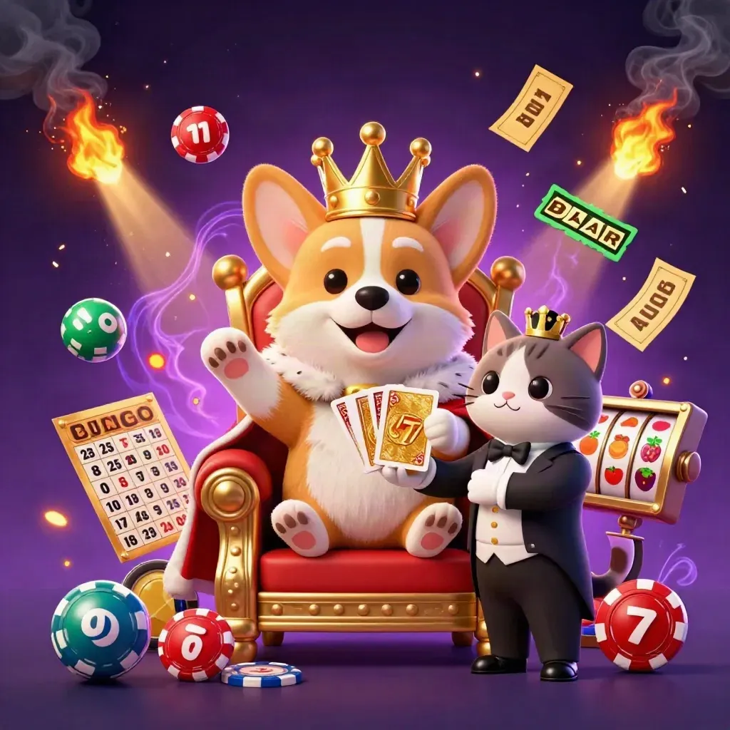 Royal corgi king and cat butler amid casino symbols, chips, tickets, and glowing effects