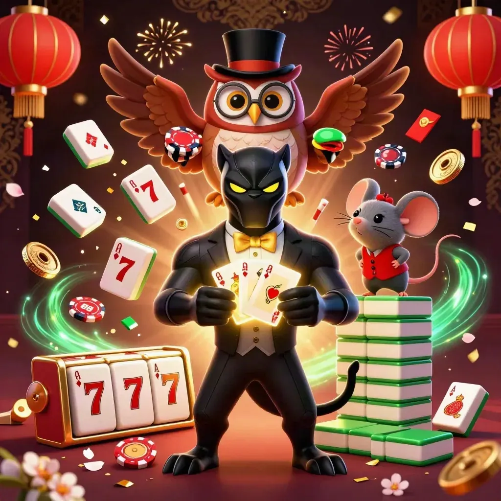 Panther, owl, and mouse casino mascots amid chips, reels, lanterns, coins, and gold sparks.