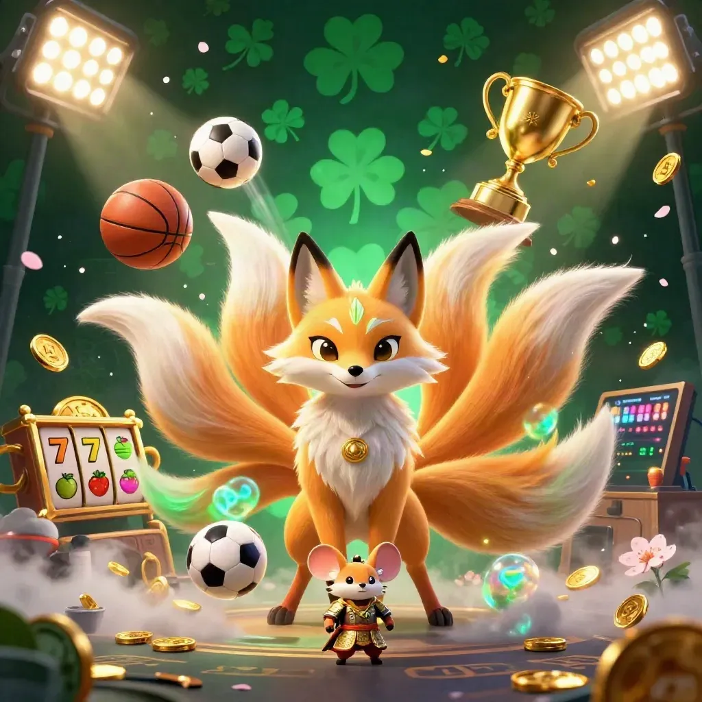 Nine-tailed fox spirit with armored mouse amid reels, coins, orbs, and casino lights.