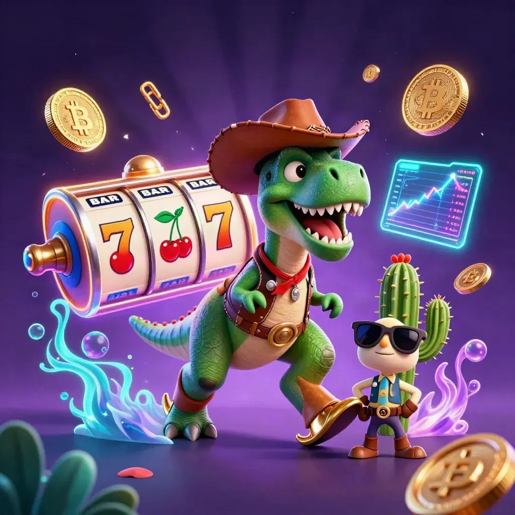 Cowboy T-Rex, cactus sidekick, and sheriff roadrunner amid neon slot reels and crypto glow