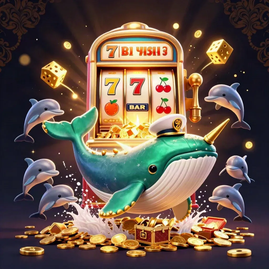 Captain whale, narwhal, dolphins, and slot jackpot burst in luxe casino key art.