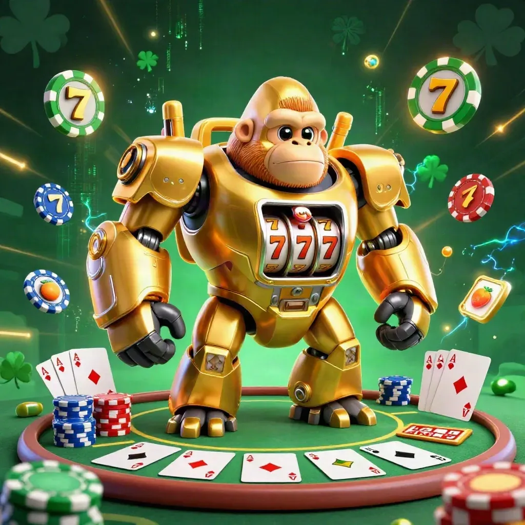 Golden gorilla slot-mech with monkey pilot amid chips, cards, and neon casino sparks.