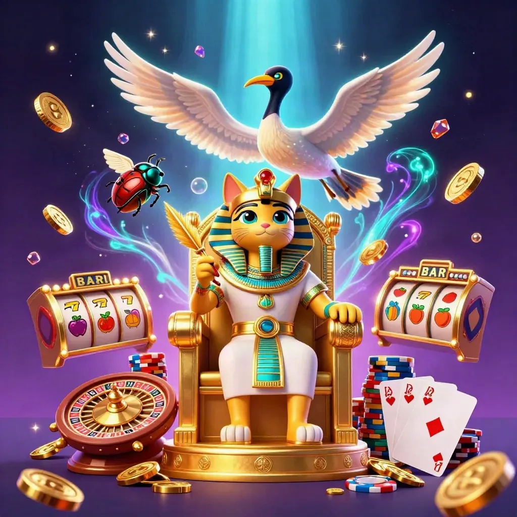 Pharaoh cat, ibis scribe, and gem-winged scarabs amid casino gold, cards, and neon glow.