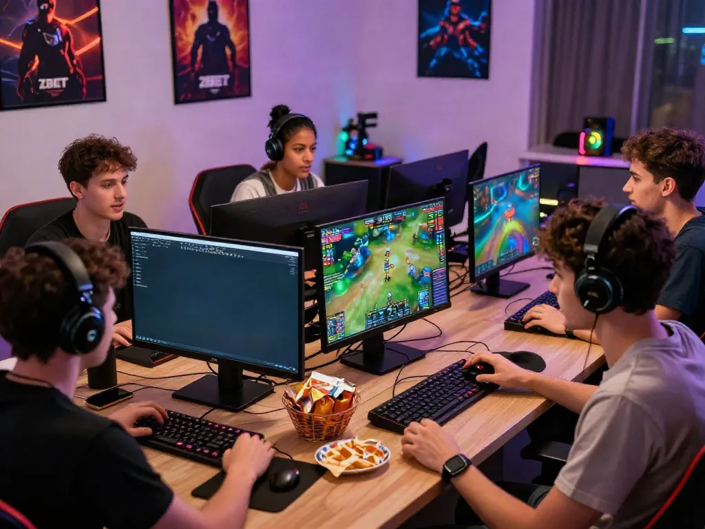 Exciting gaming scene featuring players enjoying ZBET at a cozy setup, showcasing camaraderie and engaging visuals.