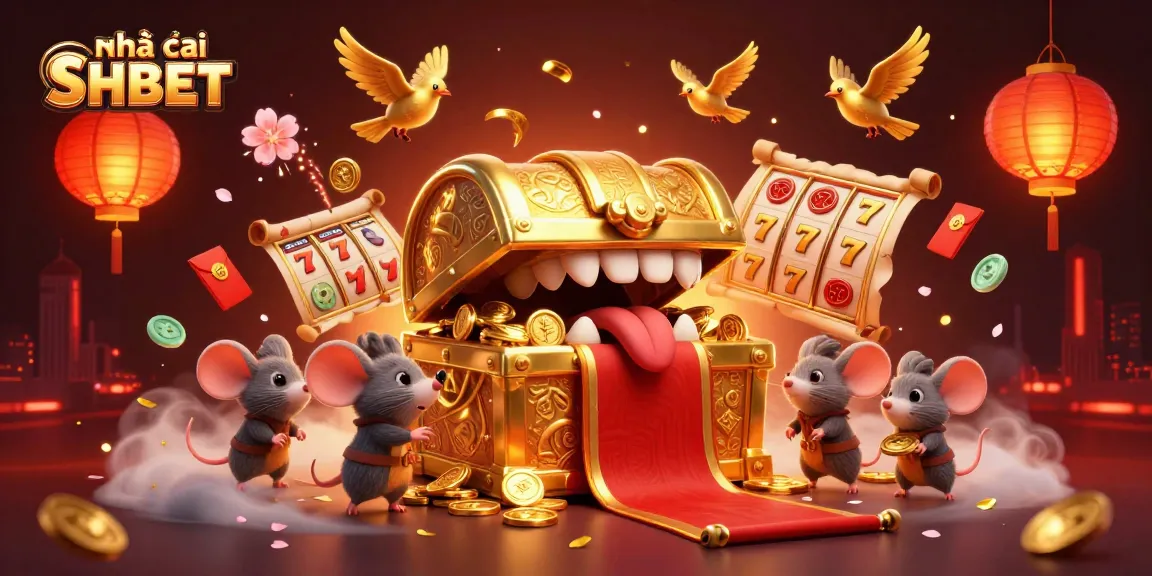 Engage in thrilling gameplay with Nhà cái SHBET's colorful 3D casino illustration featuring a golden treasure chest and dynamic elements.