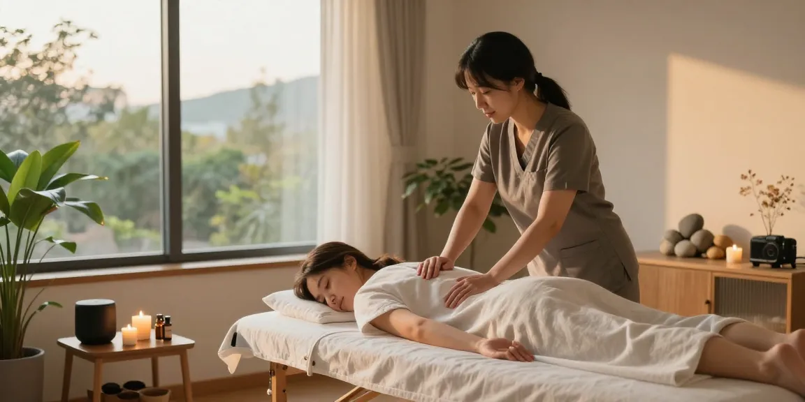 Client enjoying 신촌출장마사지 in a serene apartment setting with calming decor and natural light