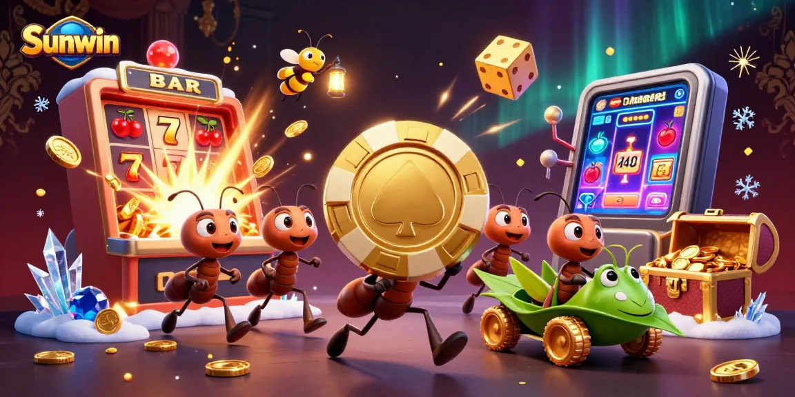 Sunwin showcases a vibrant heist scene featuring ants stealing a golden poker chip amidst exploding casino symbols.