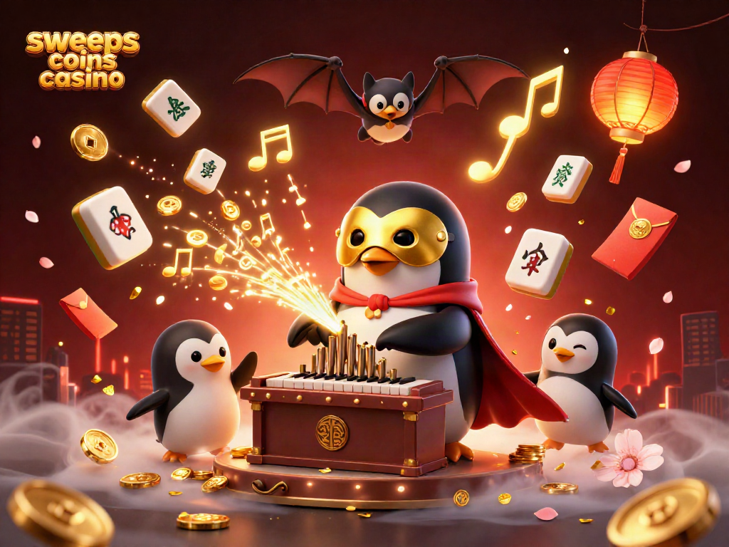 Engage with the sweeps coins casino experience featuring a penguin playing a golden pipe organ amidst magical elements.
