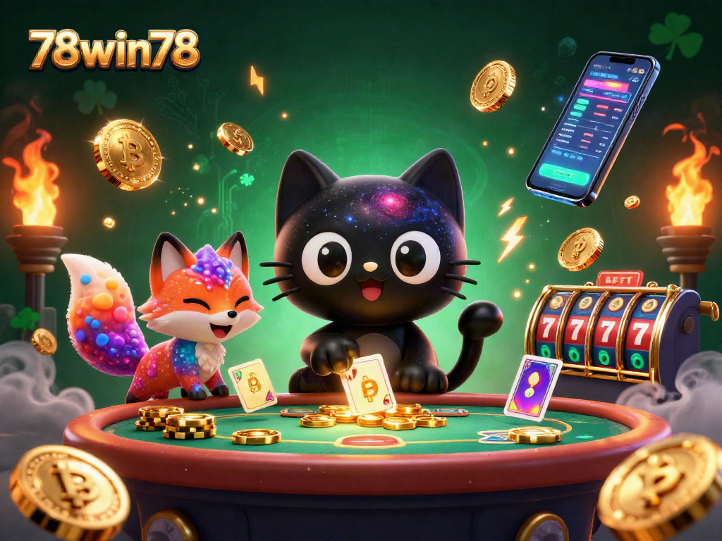 Engage with the thrilling 78win78 cosmic casino scene featuring a black hole cat and a nebula fox.