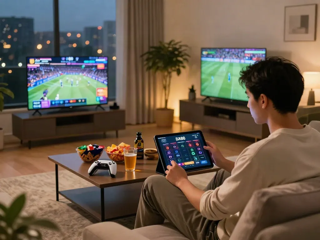 Engaging user playing da88 on tablet in modern living room