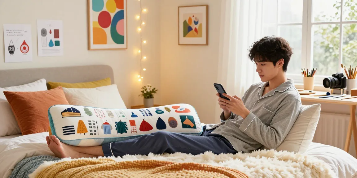Custom body pillow displayed in a cozy bedroom, showcasing design potential while a person lounges.