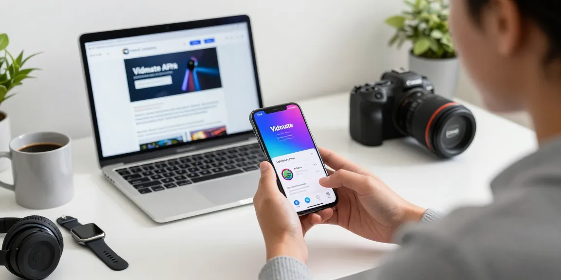 Person downloading Vidmate APK on smartphone in modern workspace with tech gadgets.