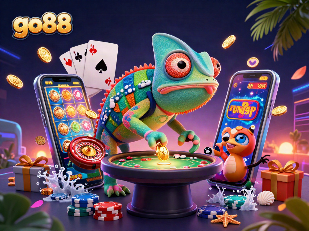 Engage with go88's vibrant casino world featuring a lively chameleon character and exciting gaming elements.
