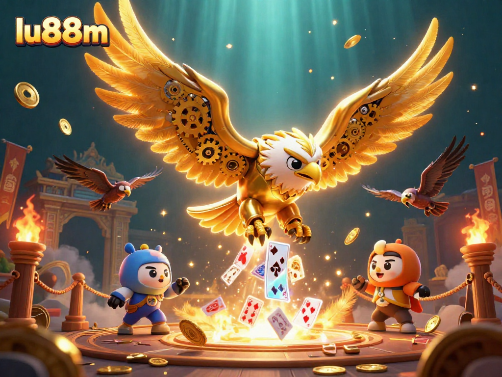 Experience thrilling gaming with lu88m's 3D robotic eagle amid vibrant casino action.