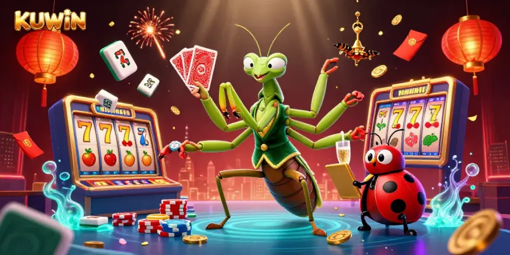 Engage in thrilling gameplay with KUWIN, showcasing a vibrant casino scene filled with slots, cards, and excitement.