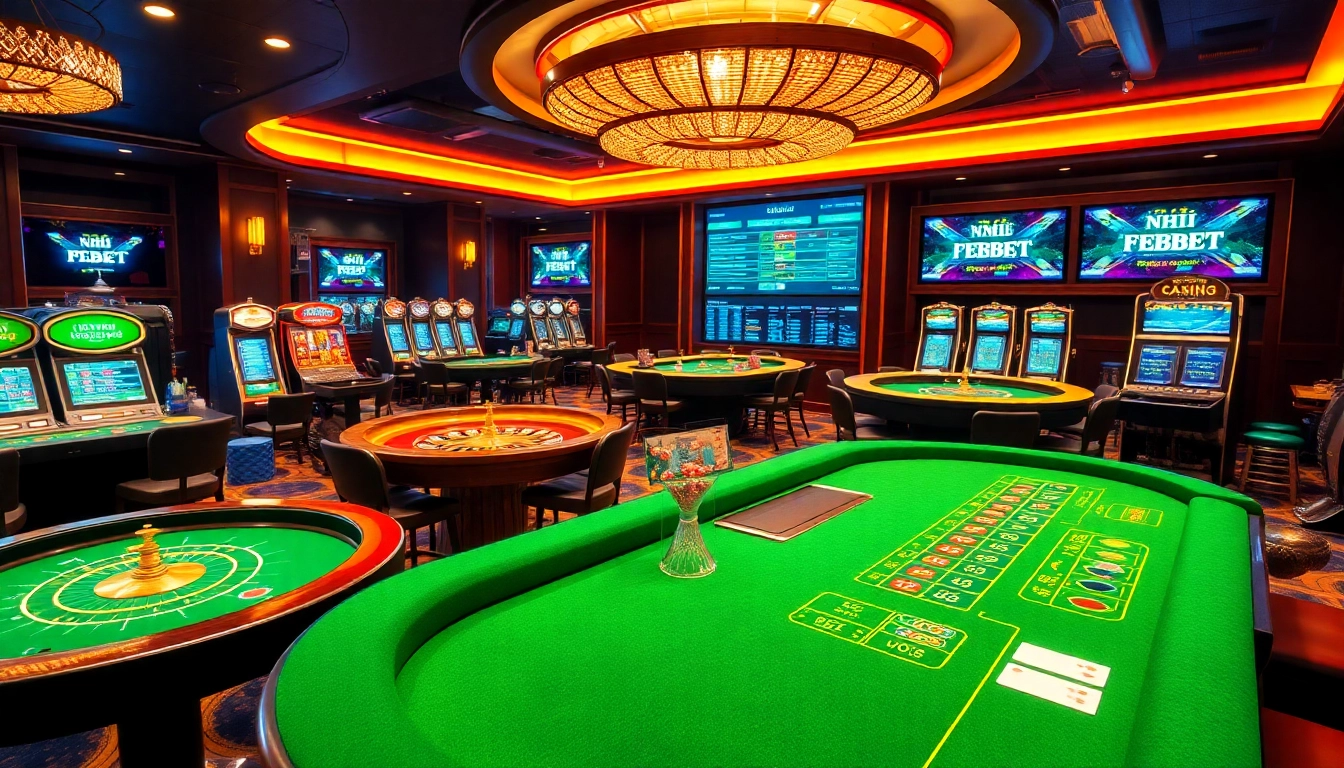 NHÀ CÁI FEBET offers an exhilarating casino experience with vibrant gaming tables and slot machines.