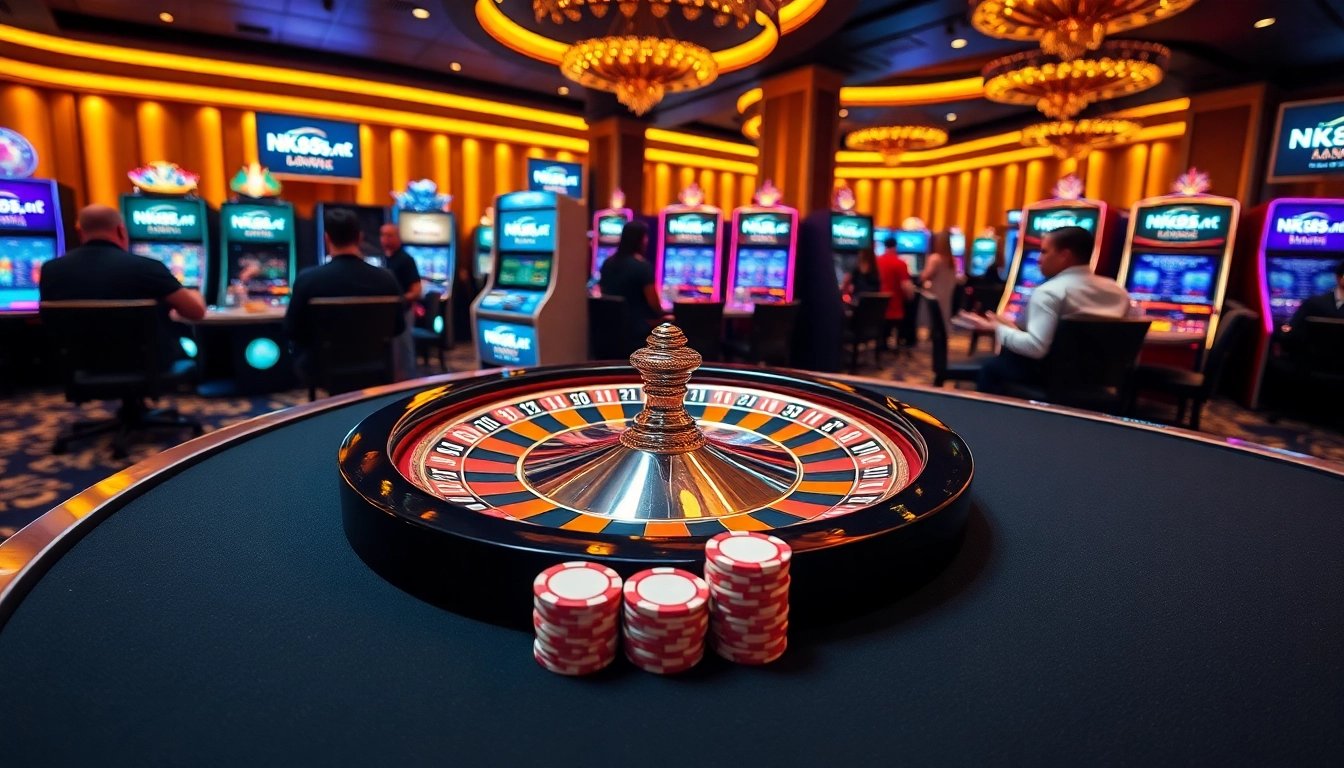 Experience thrilling gameplay at https://nk88s.net/ with vibrant casino tables, roulette wheels, and poker chips.