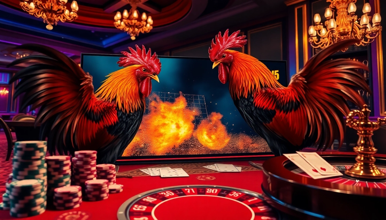Watch intense live cockfighting at https://dagatructiepp.casino/, featuring high-definition action and vibrant casino aesthetics.