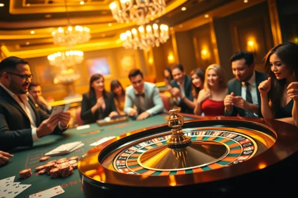 Experience the excitement of gaming at hdbet com with players at a lively casino table.