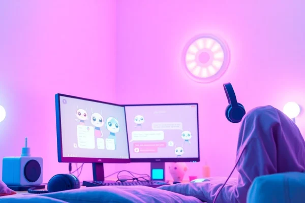 Engaging interaction in a virtual chat with crush on ai, showcasing friendly AI characters in a cozy digital environment.