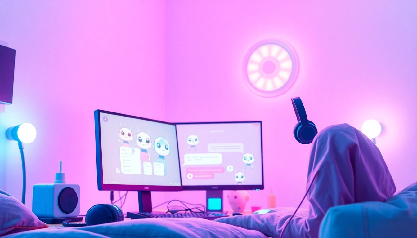 Engaging interaction in a virtual chat with crush on ai, showcasing friendly AI characters in a cozy digital environment.