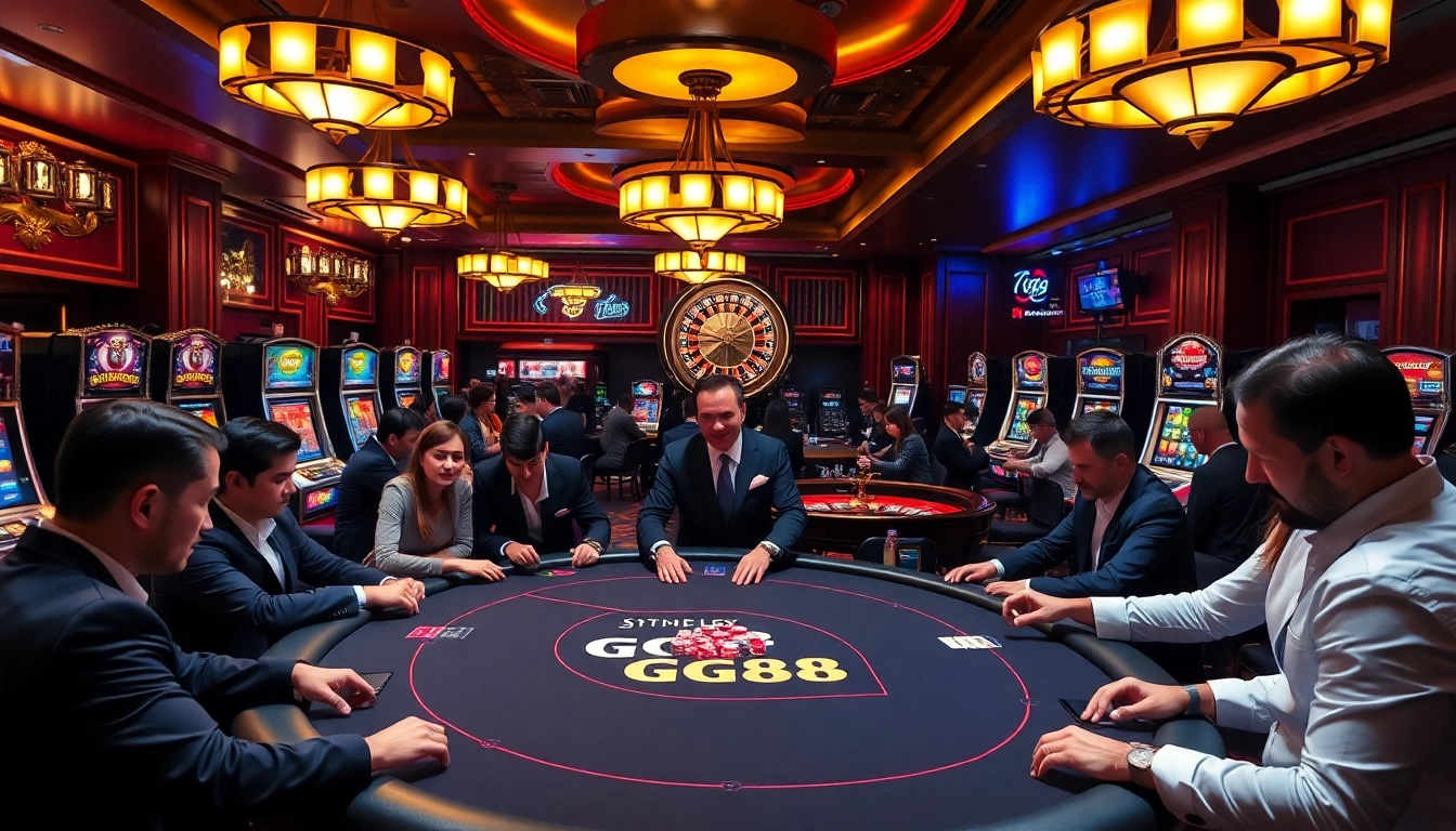 Experience high-stakes action at the GG88 poker table amidst vibrant casino surroundings.